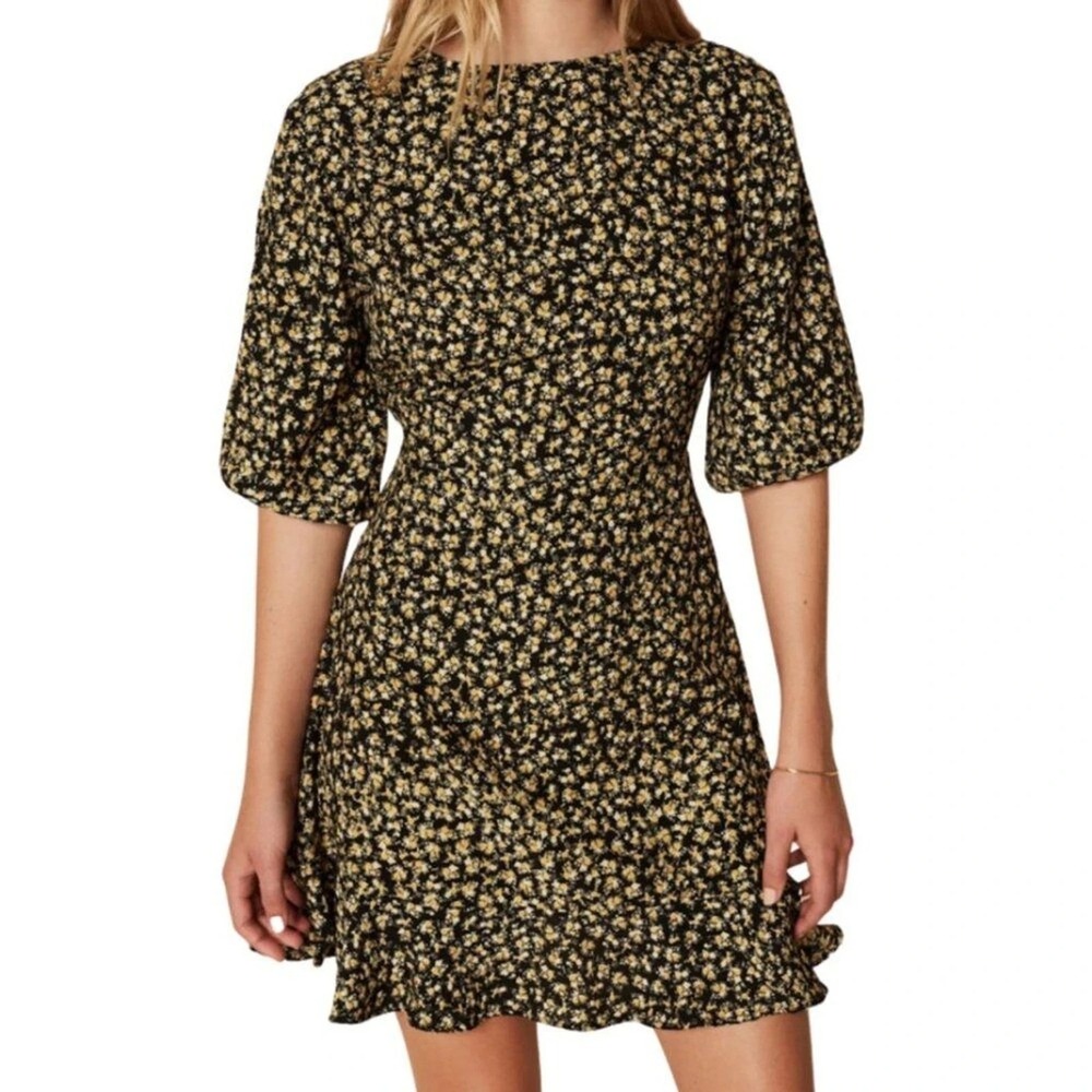 NWT Faithfull The Brand Estelle Mini‎ Dress Salma Floral Print Black Yellow 4 S